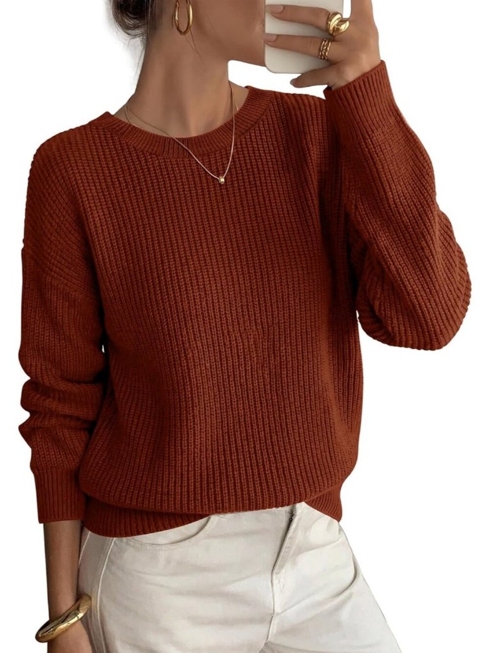 Women's Caramel Crew Neck Long Sleeve Fall Fashion Trendy Crew Neck Sweaters